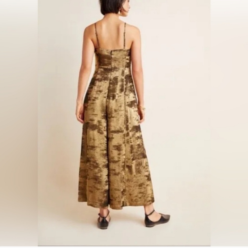 Anthropologie Erika Wide Leg Jumpsuit 2 Metallic Pewter Cropped Pockets Zip - Picture 2 of 9